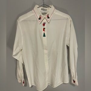 Vintage Cottagecore Christmas Tabi International White Embroidered Button Shirt